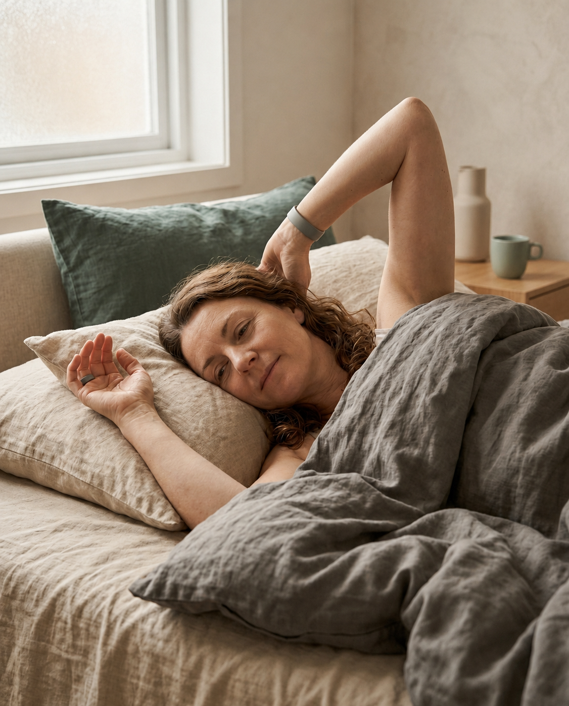 Person waking rested with a wearable on their wrist, sleep and HRV recovery synced to the MydailyLab app.