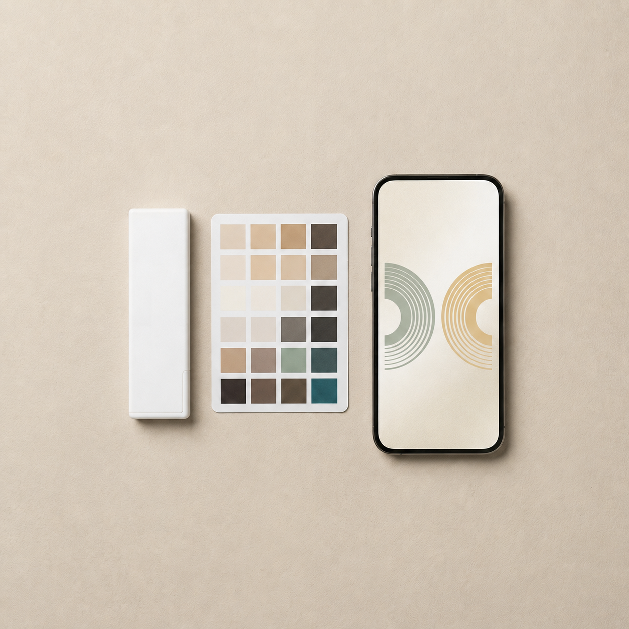 MydailyLab starter kit flat lay: keto test strip, color calibration card, and phone with the ketosis tracker app.